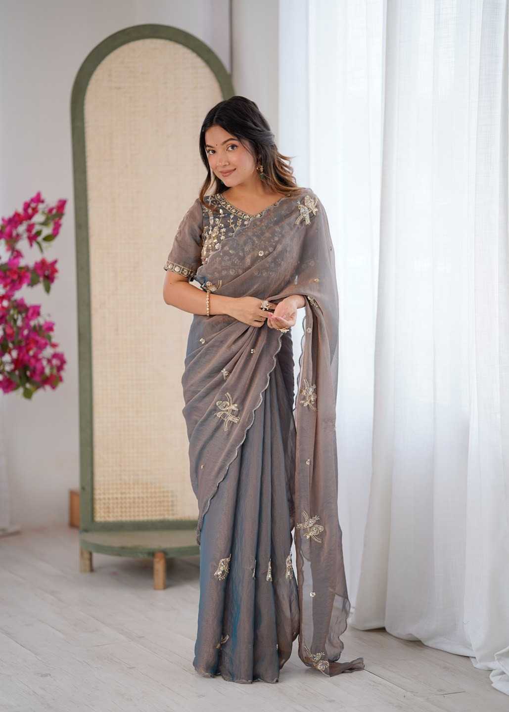 Satin Designer Saree in Grey