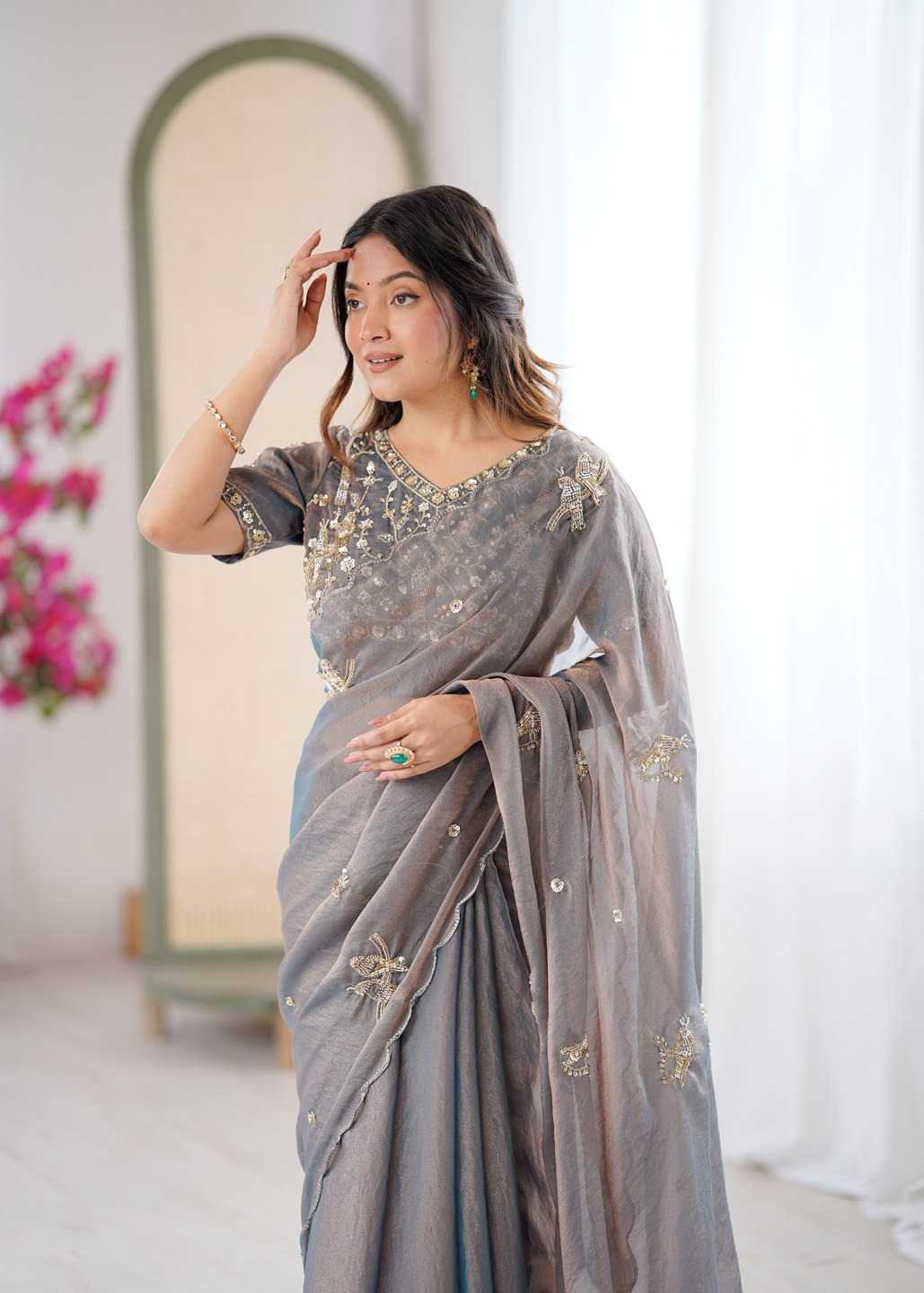 Satin Designer Saree in Grey