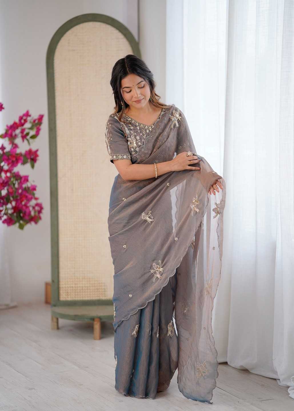 Satin Designer Saree in Grey
