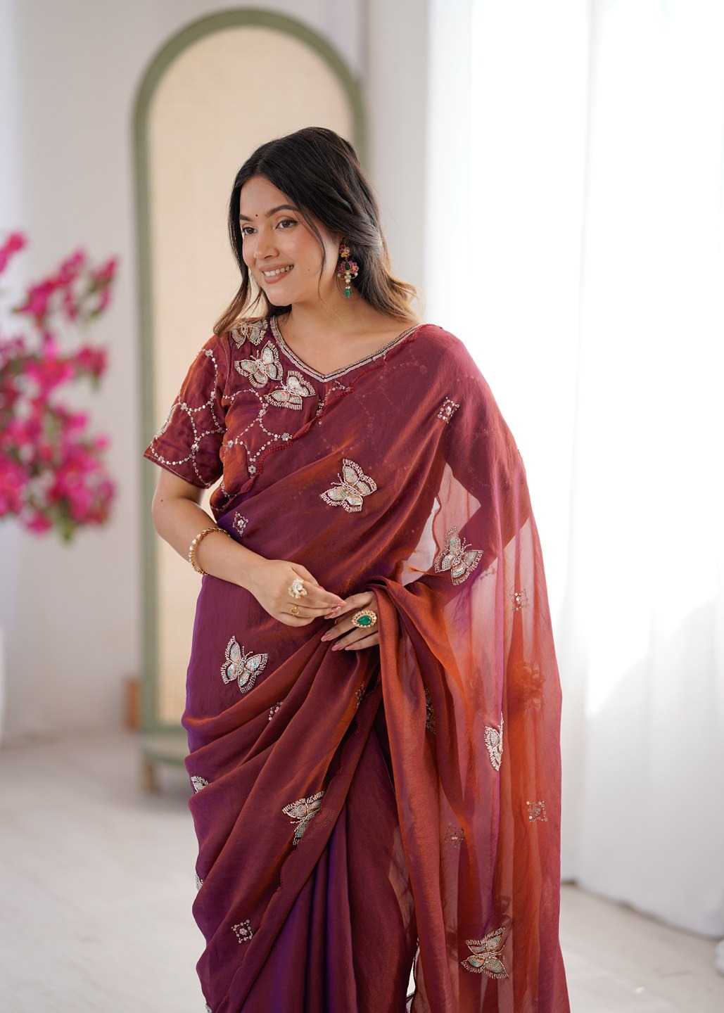 Satin Designer Saree in Rust