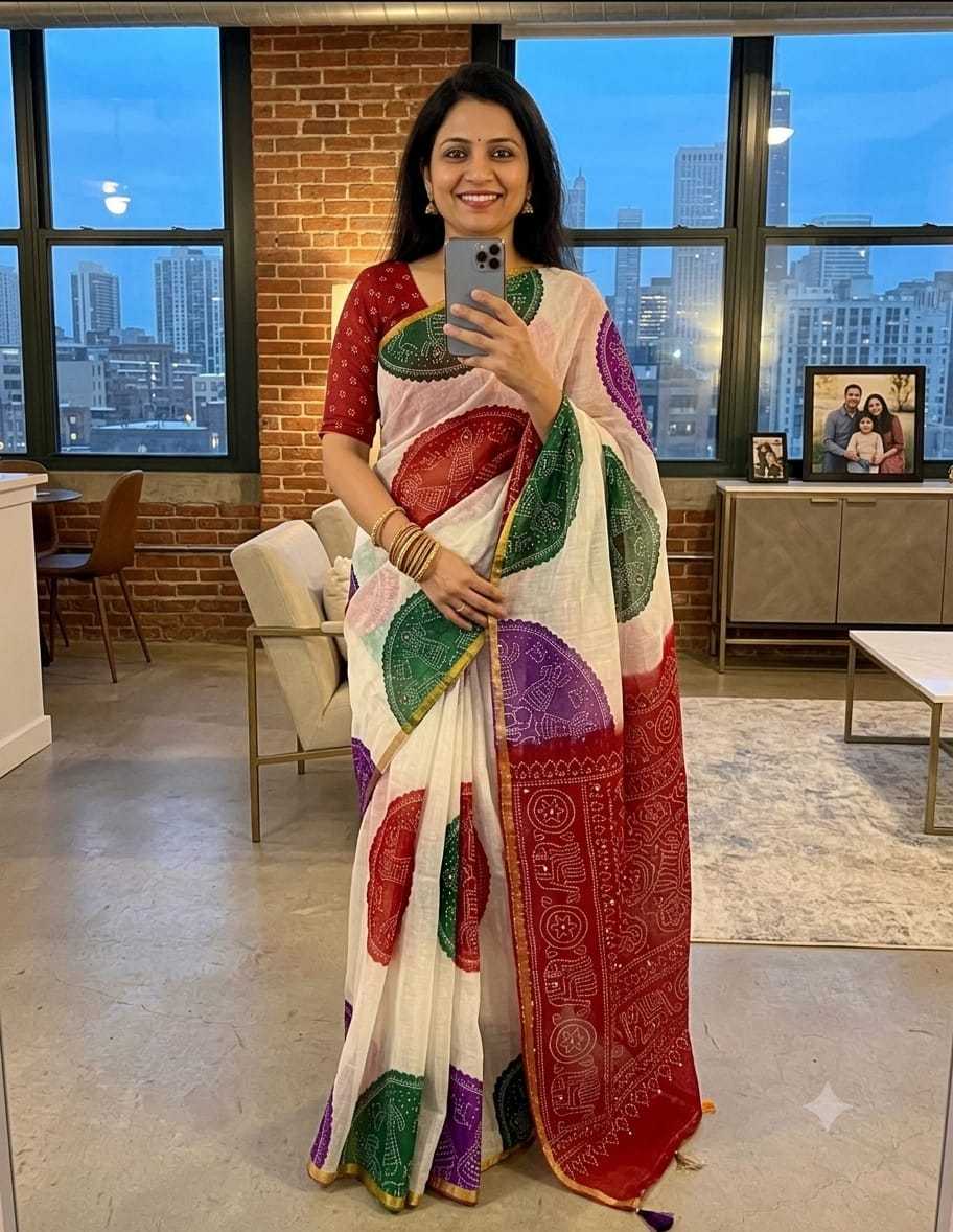 Linen Mirror Work Saree