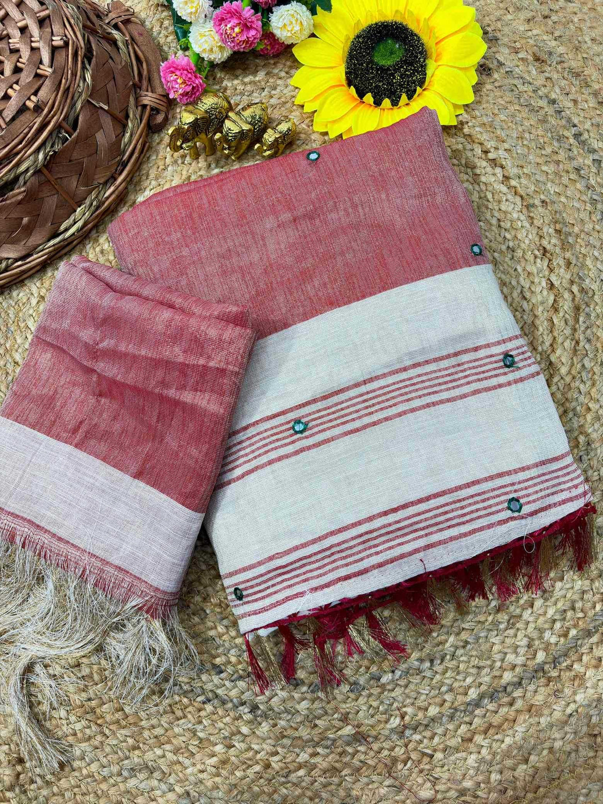 Linen Mirror Work Saree