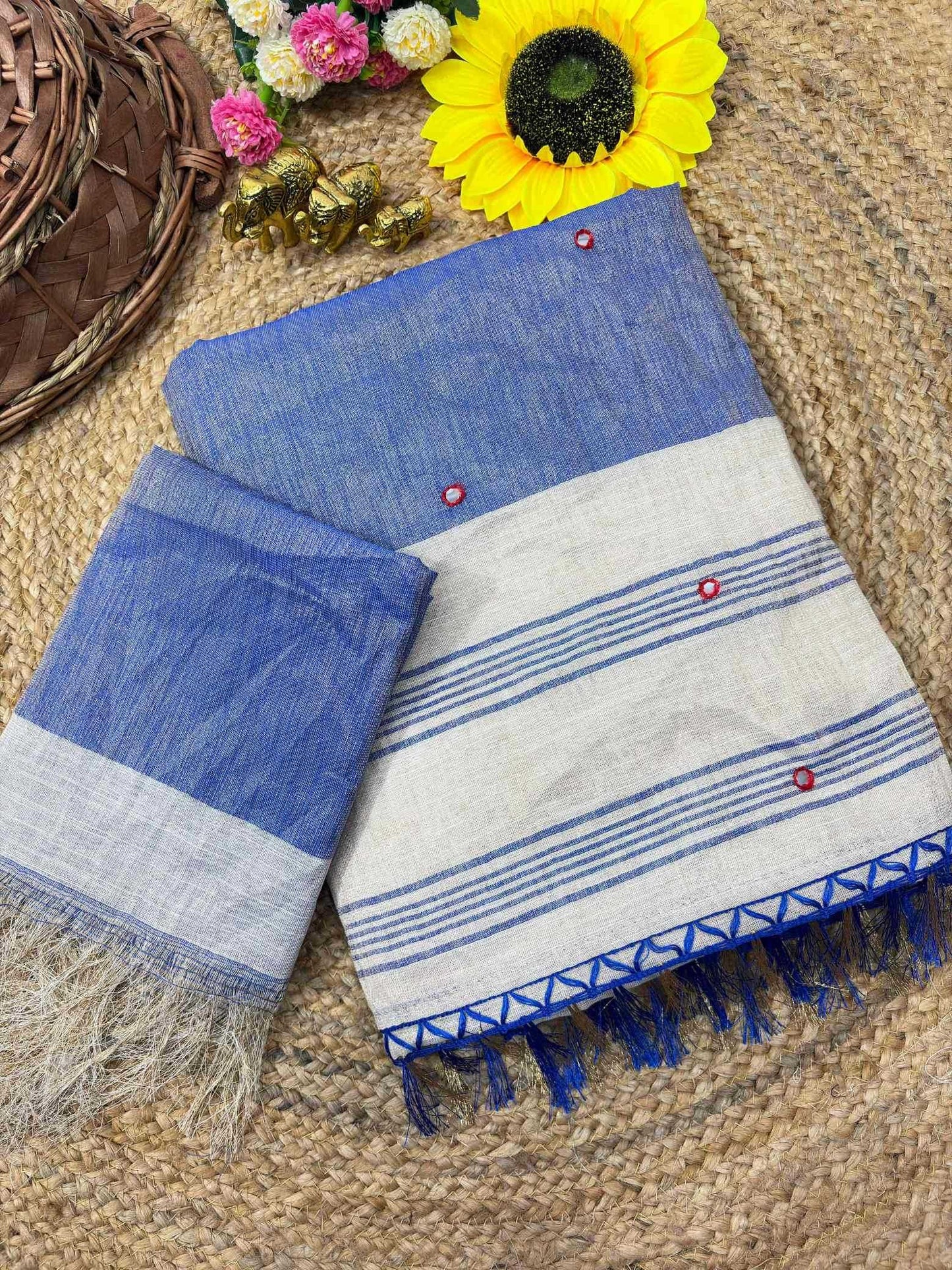 Linen Mirror Work Saree