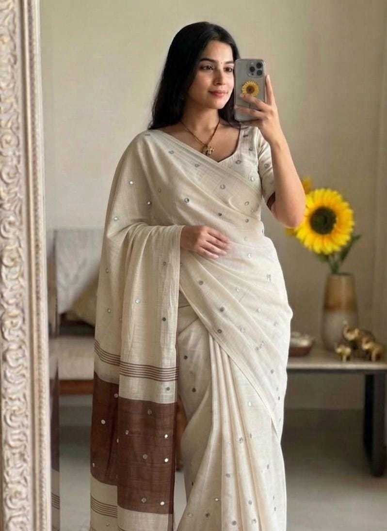 Linen Mirror Work Saree