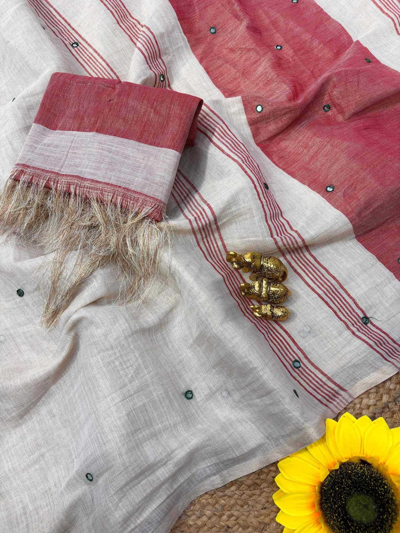 Linen Mirror Work Saree