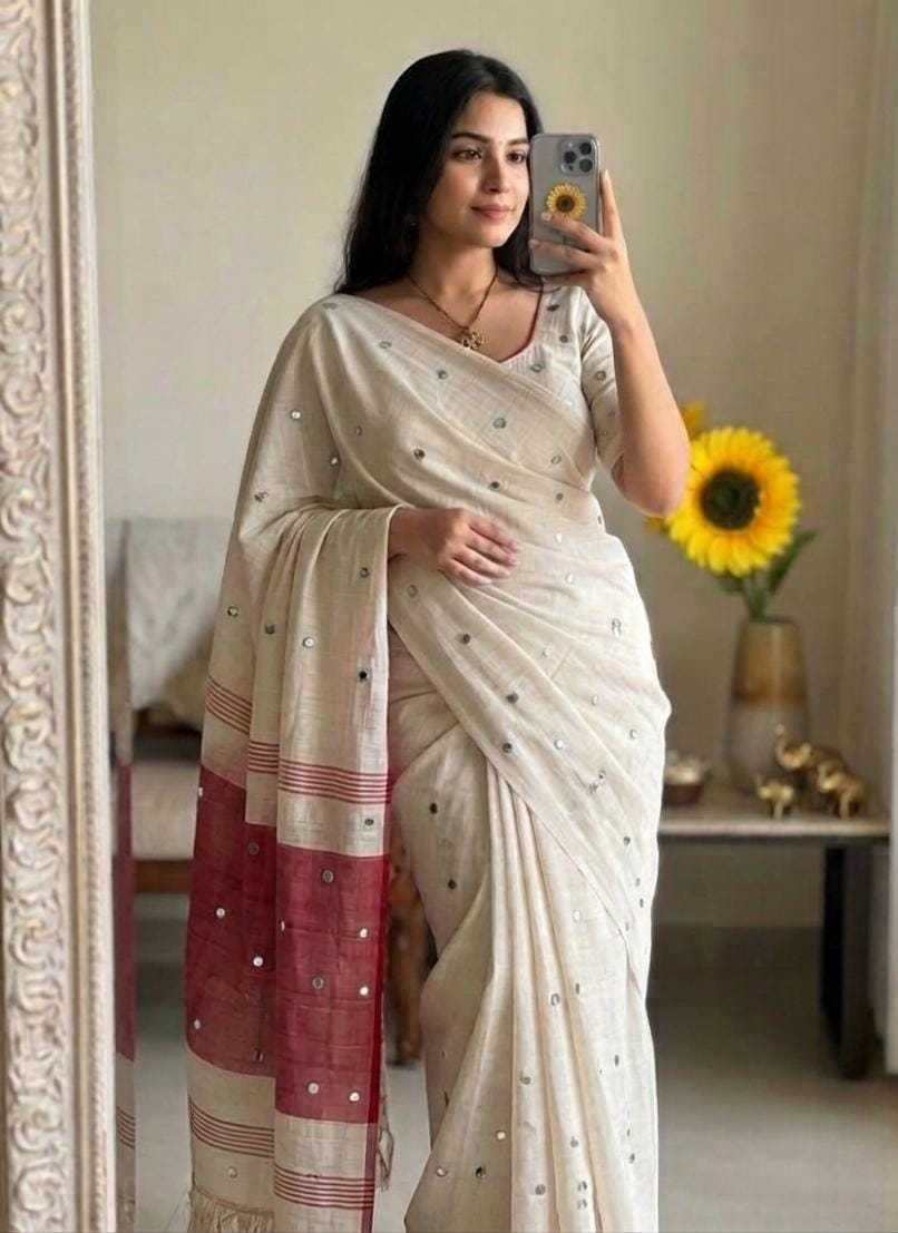Linen Mirror Work Saree