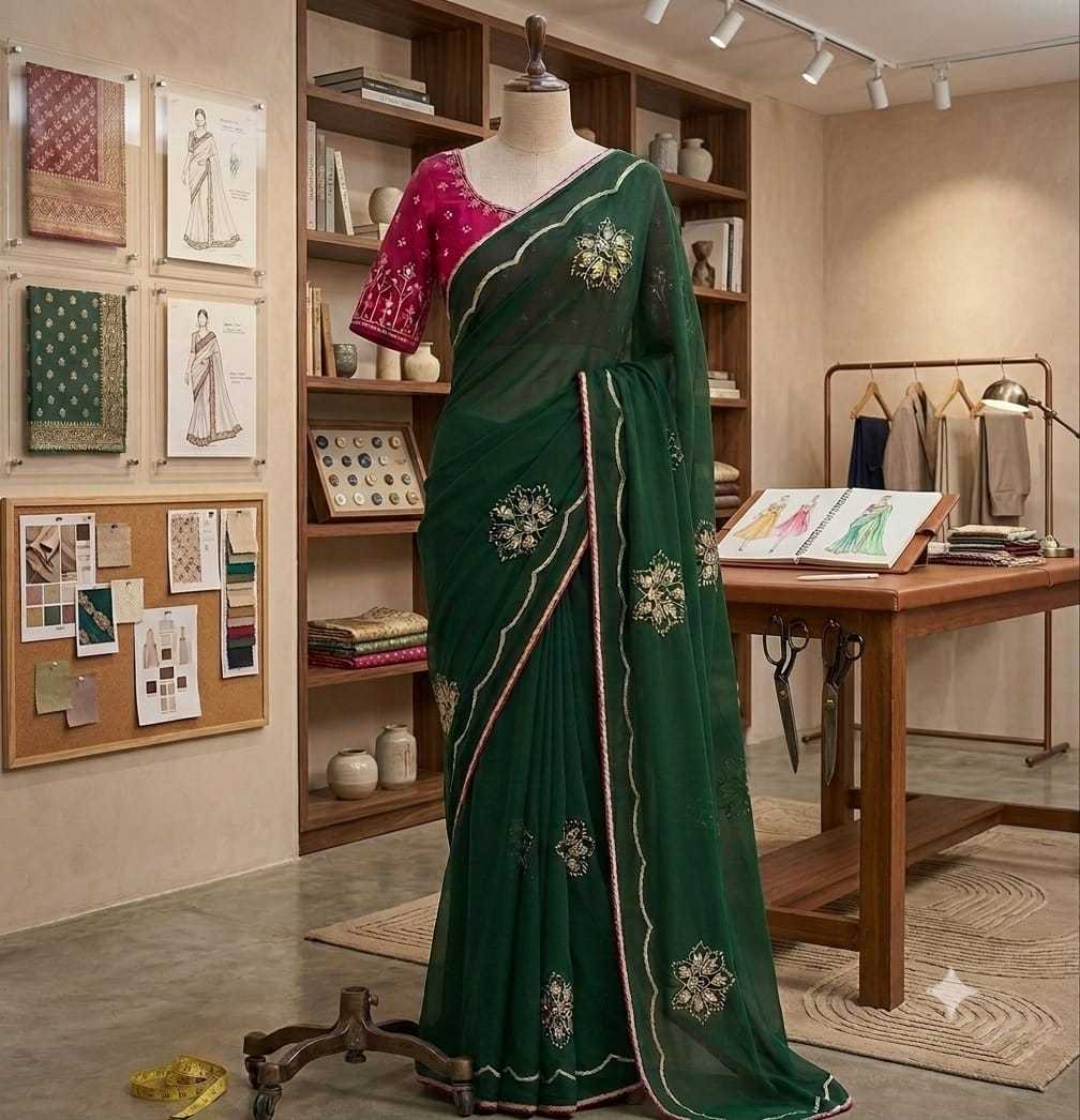 Georgette Saree in Bottle Green