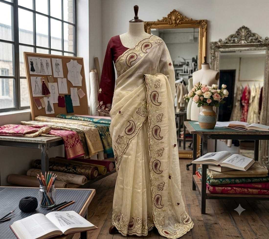 Georgette Designer Saree in Off White