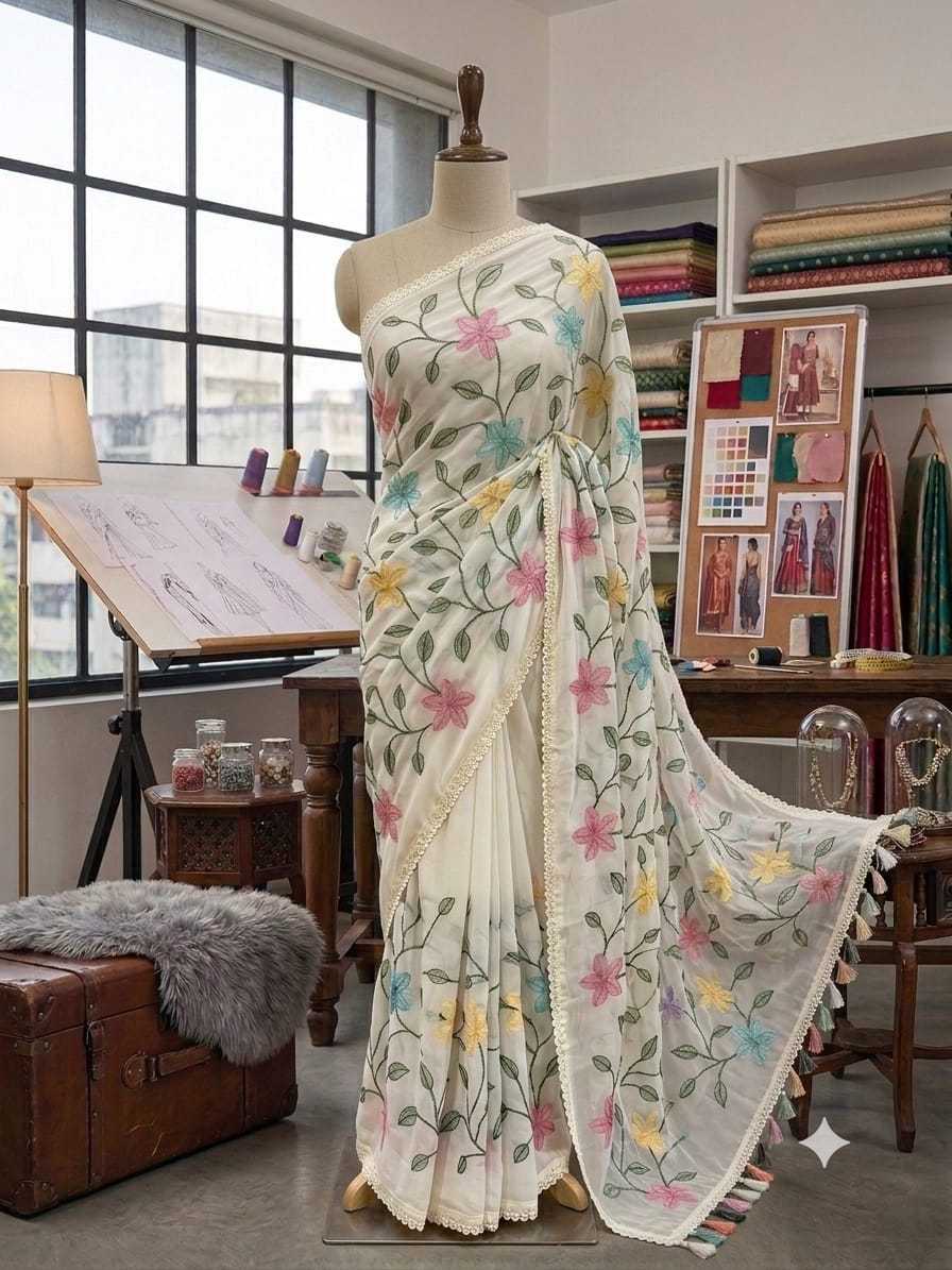 Georgette Designer Saree in White