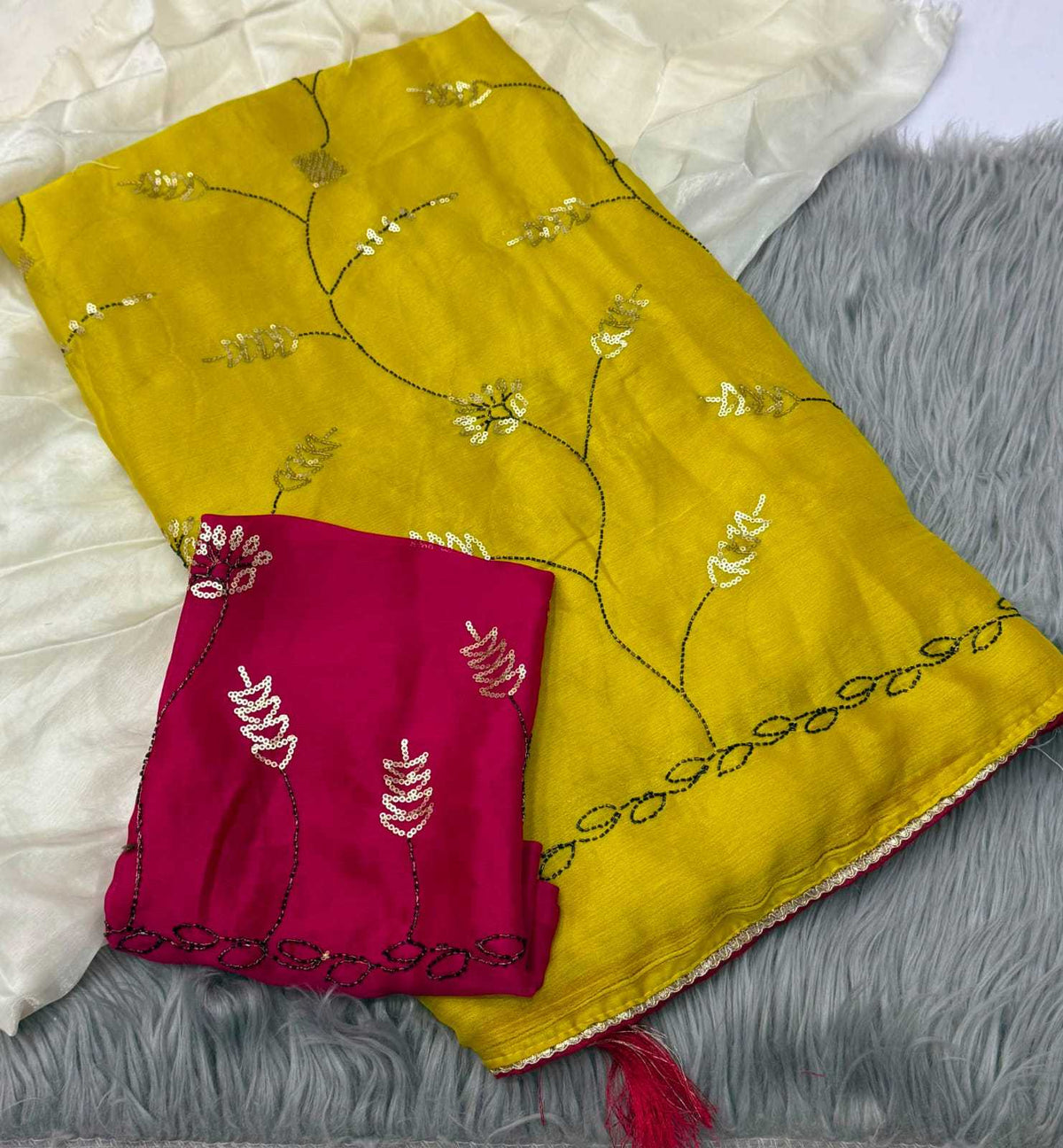 Chiffon Designer Saree in Rani