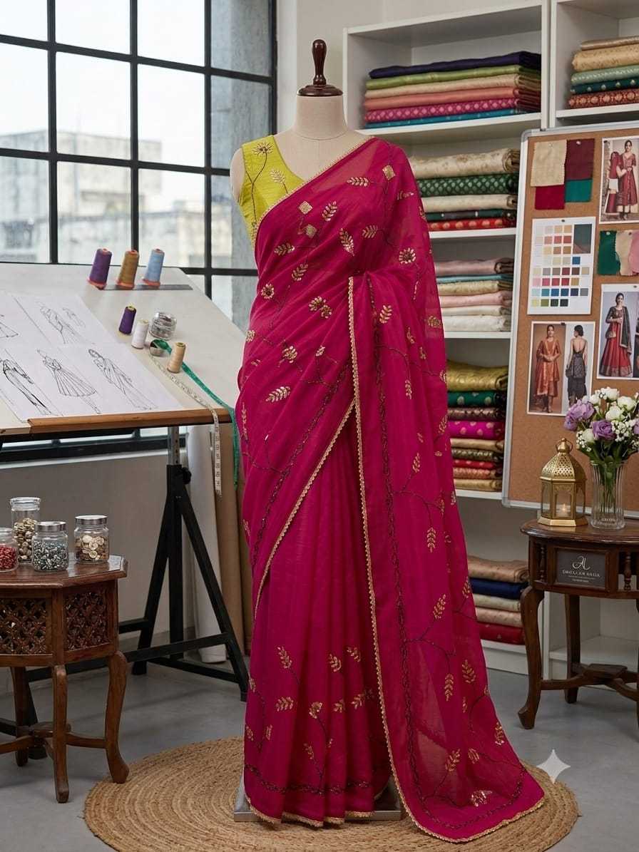 Chiffon Designer Saree in Rani