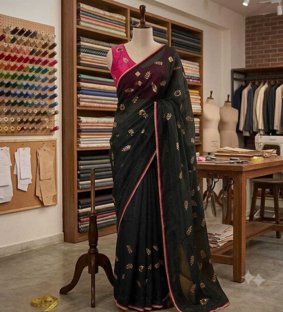 Chiffon Designer Saree in Rani