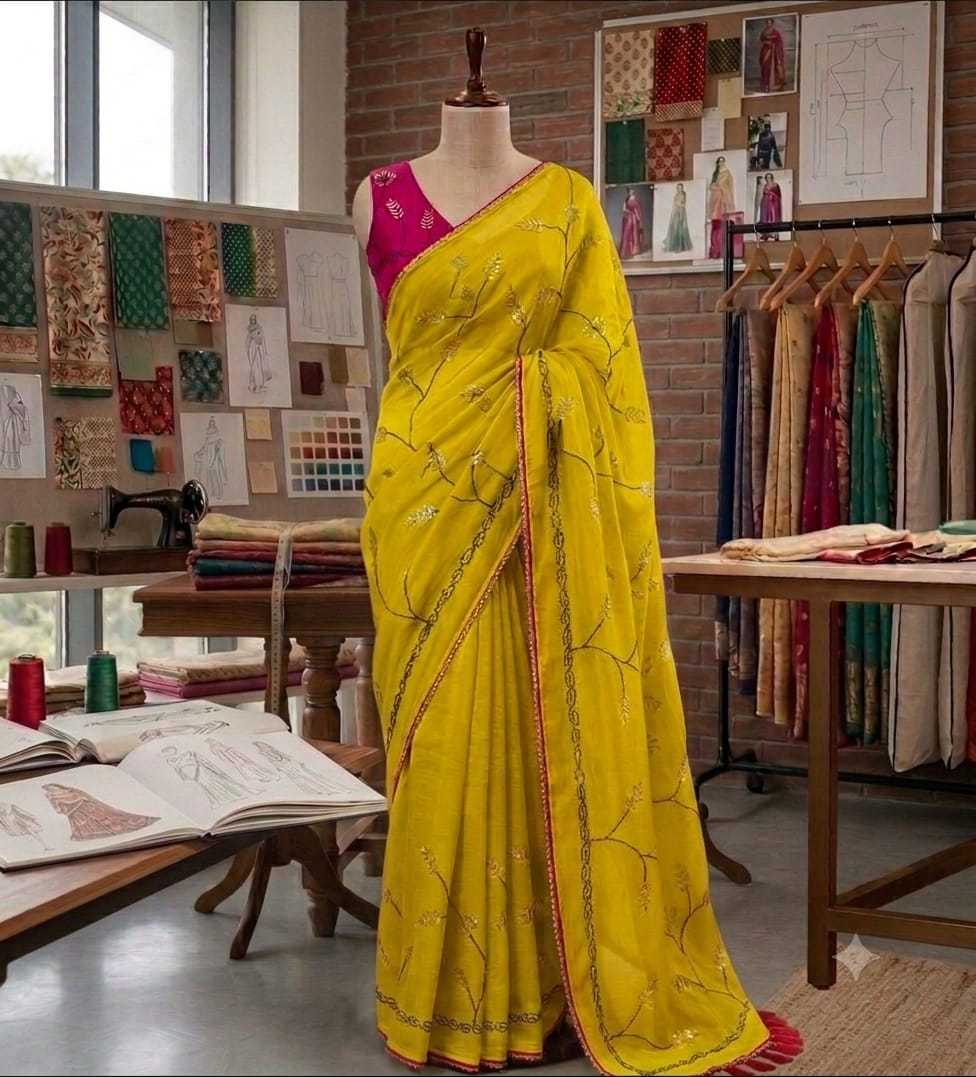 Chiffon Designer Saree in Rani