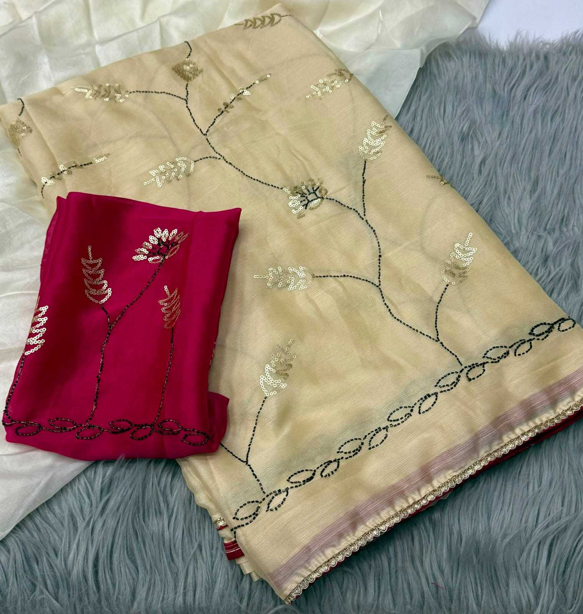 Chiffon Designer Saree in Rani