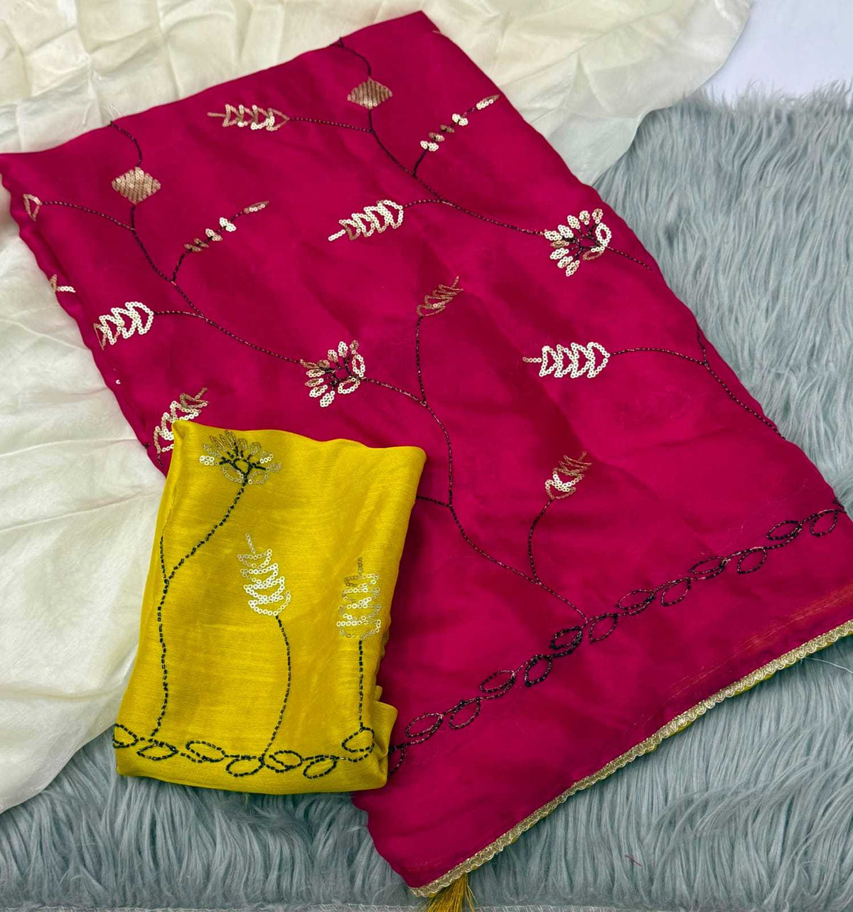 Chiffon Designer Saree in Rani