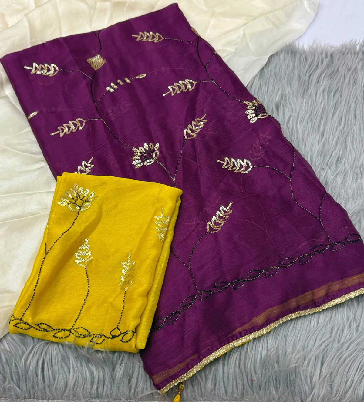 Chiffon Designer Saree in Rani