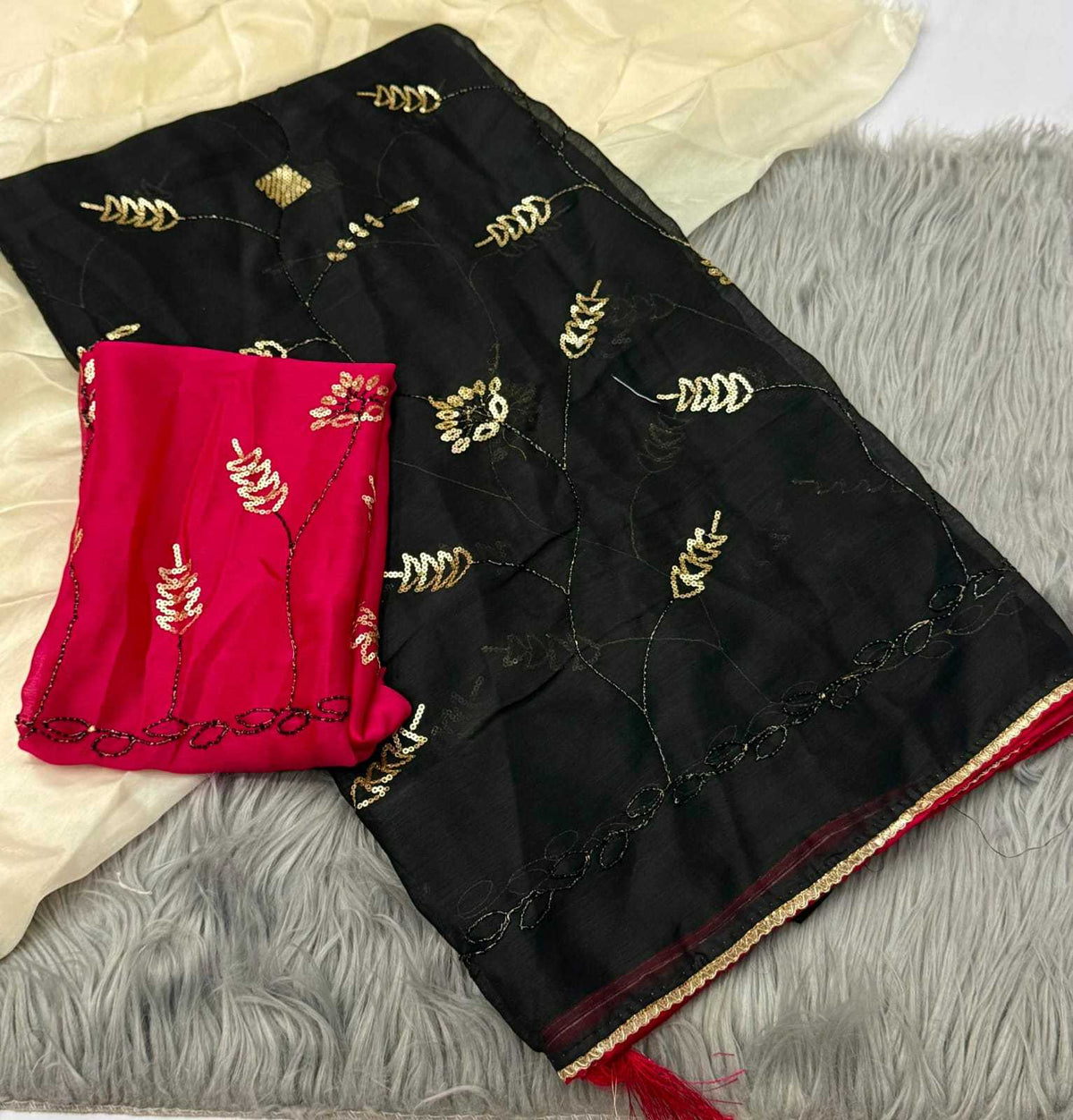 Chiffon Designer Saree in Rani