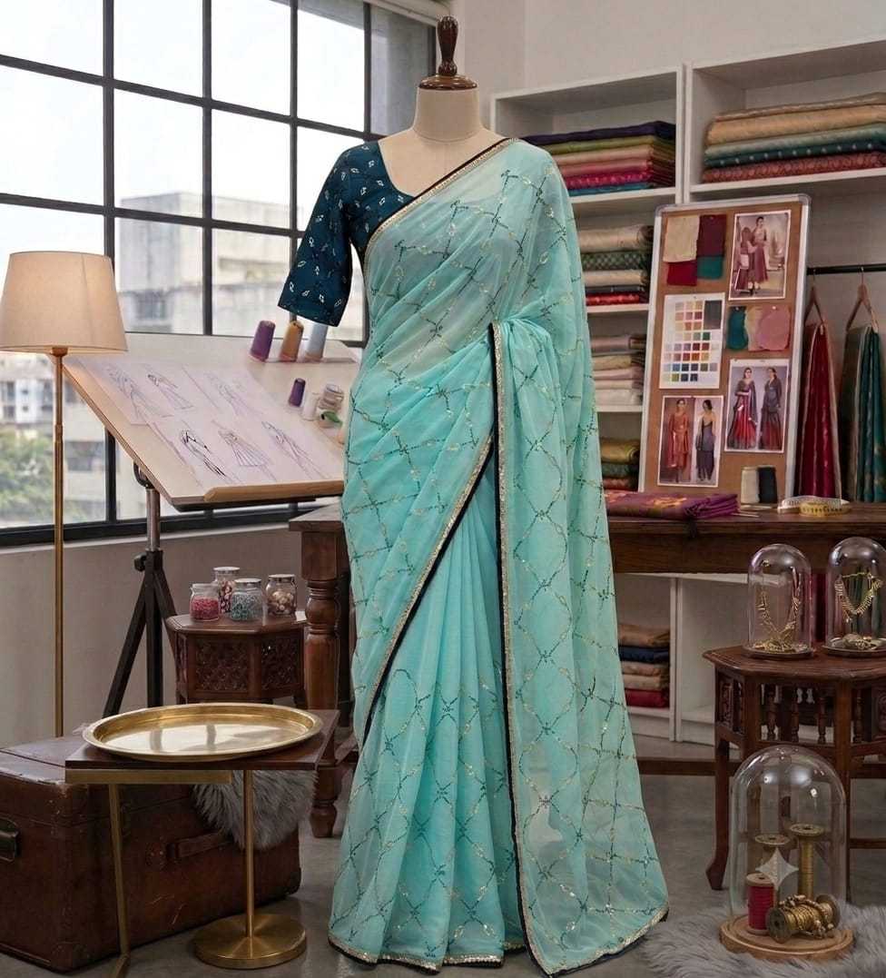 Chiffon Designer Saree in Sky Blue