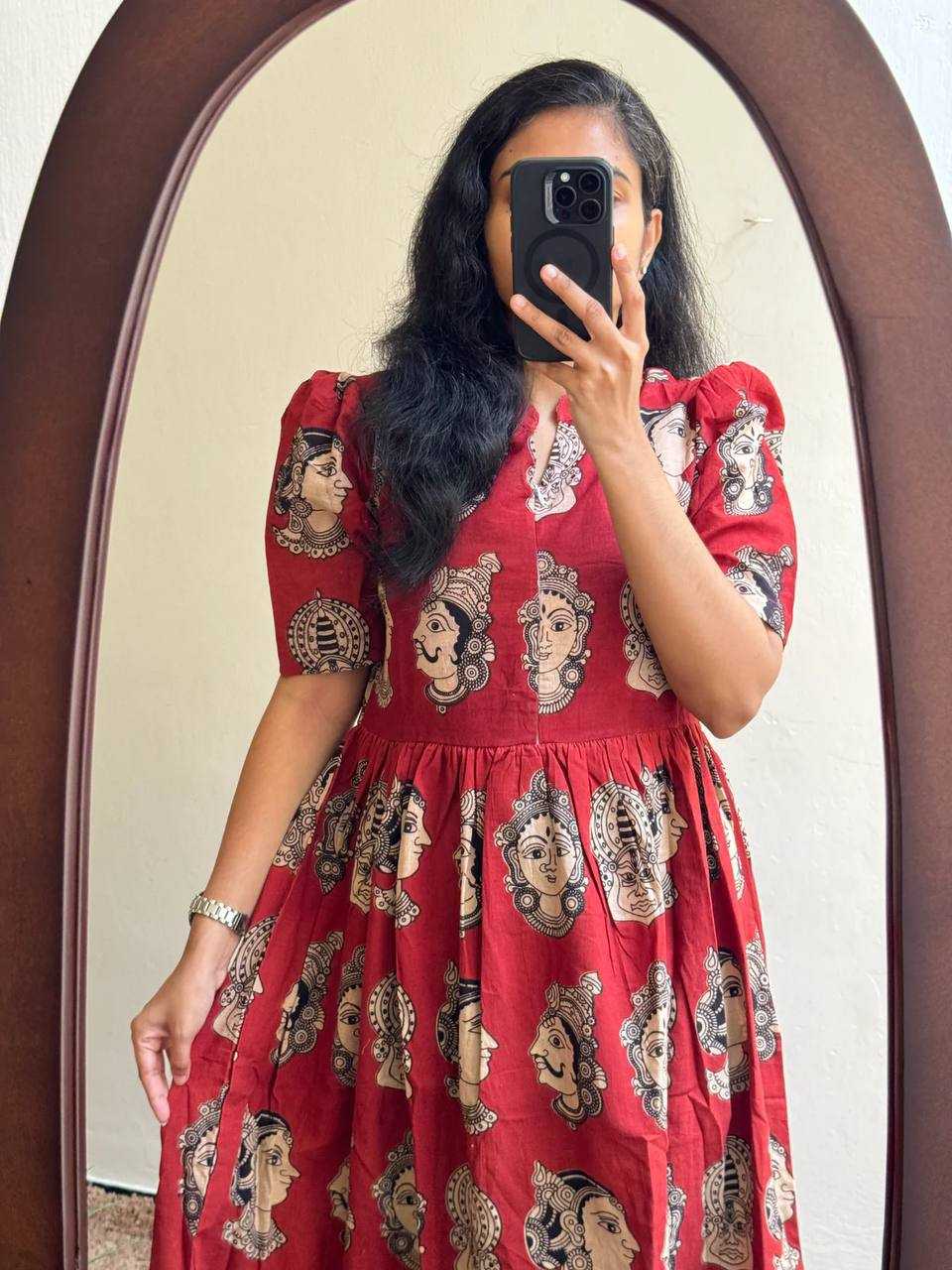 Maroon Kantara Cotton Printed Gown