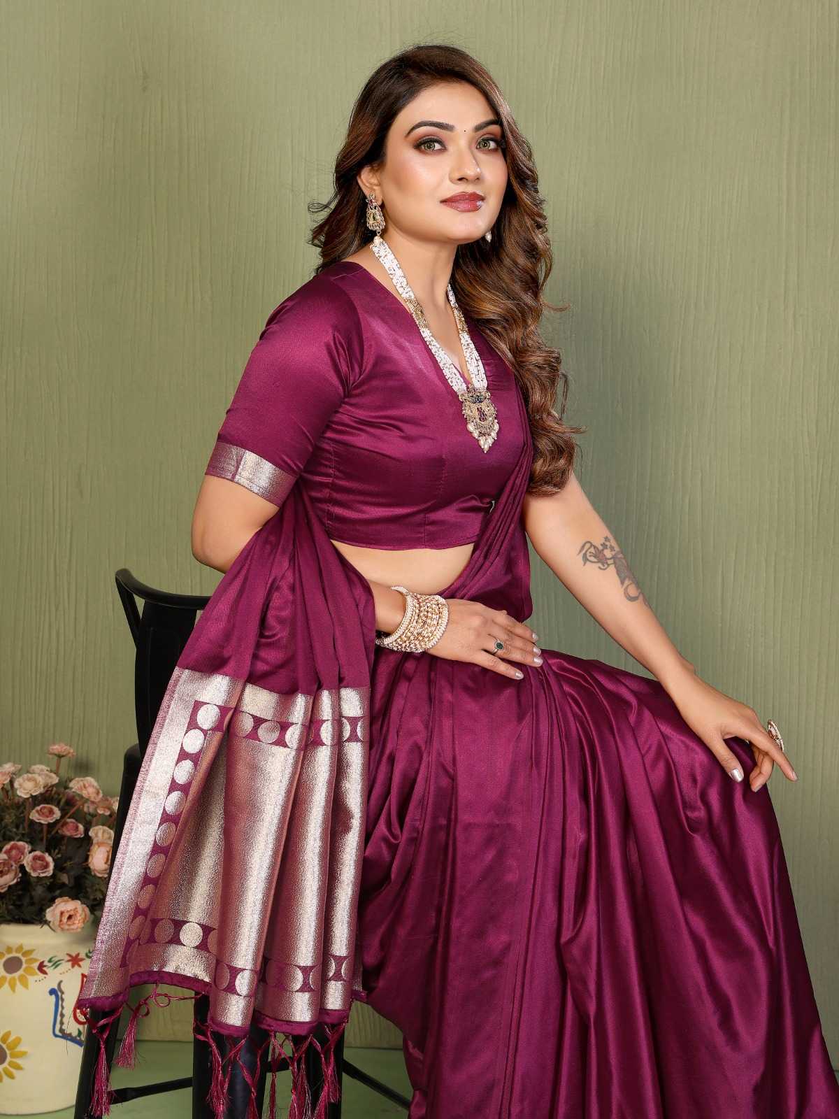 Swargini Satin Silk Zari Border Saree