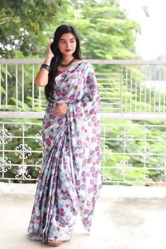 Japan Sartin Printed Saree in Purple