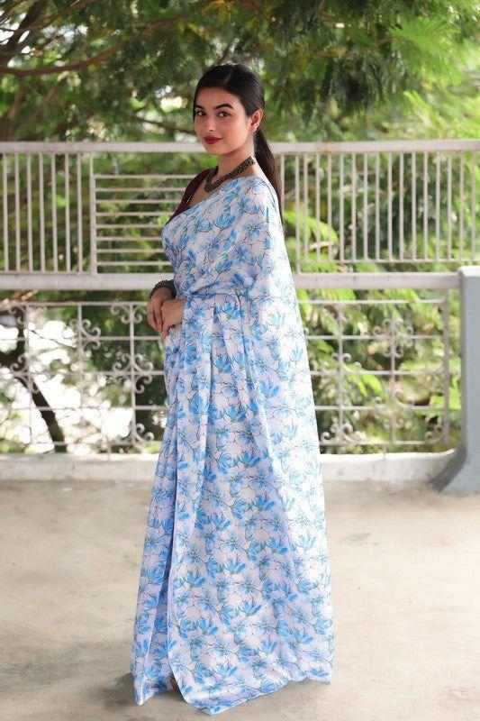 Japan Sartin Printed Saree in Purple