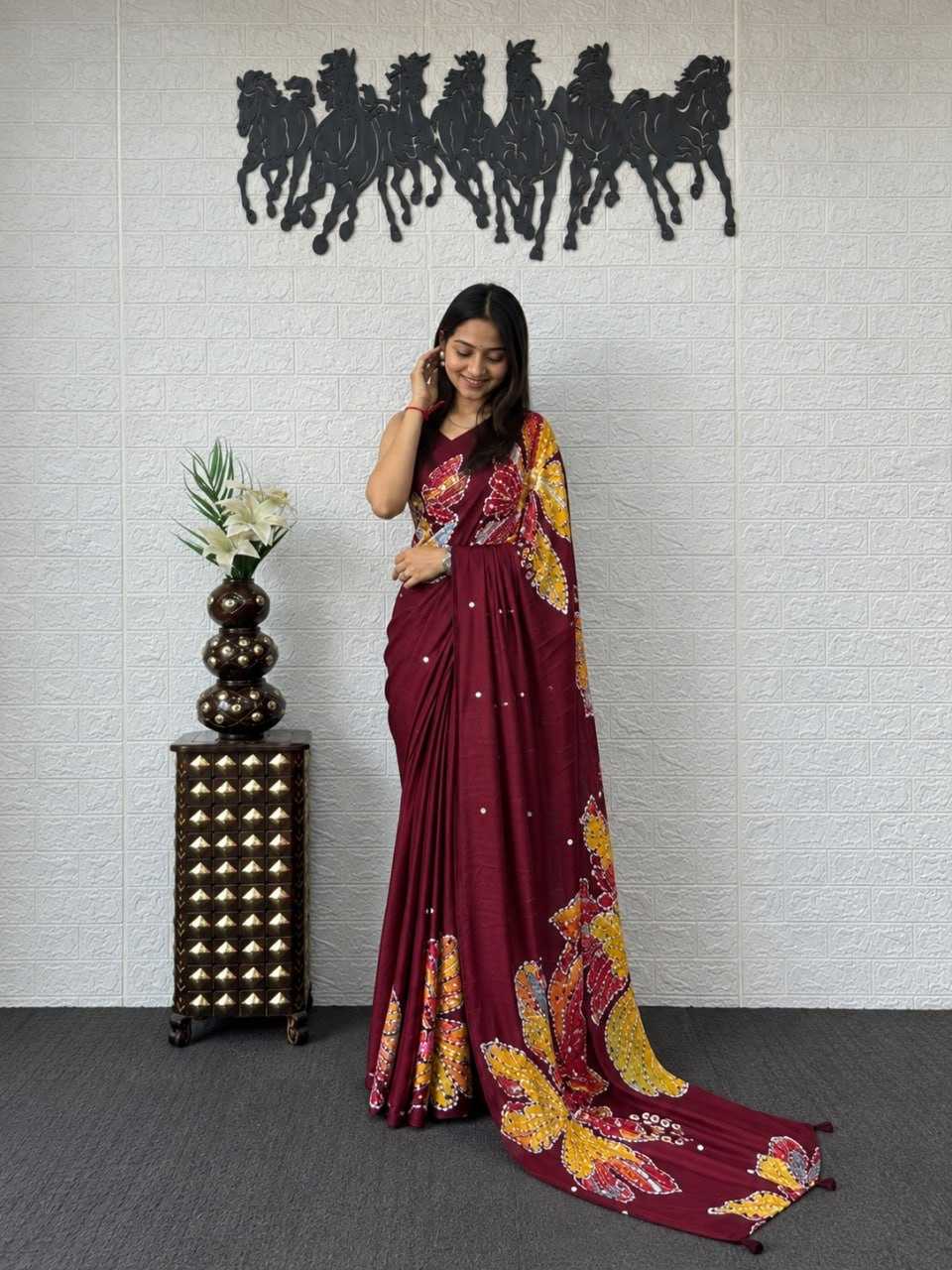 Japan Sartin Printed Saree in Maroon