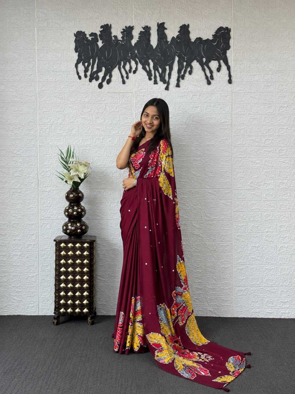Japan Sartin Printed Saree in Maroon