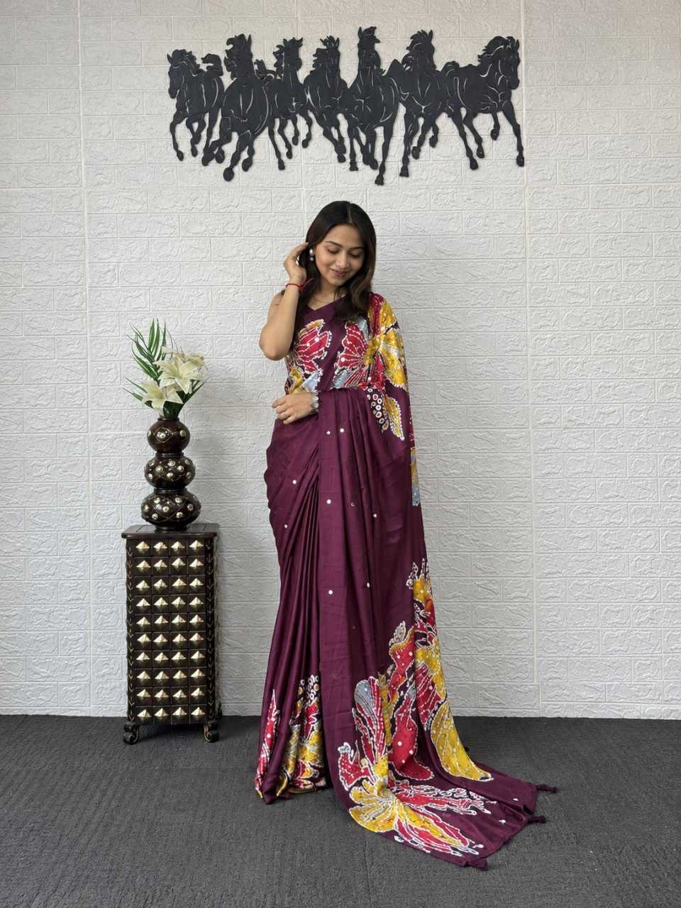 Japan Sartin Printed Saree in Maroon