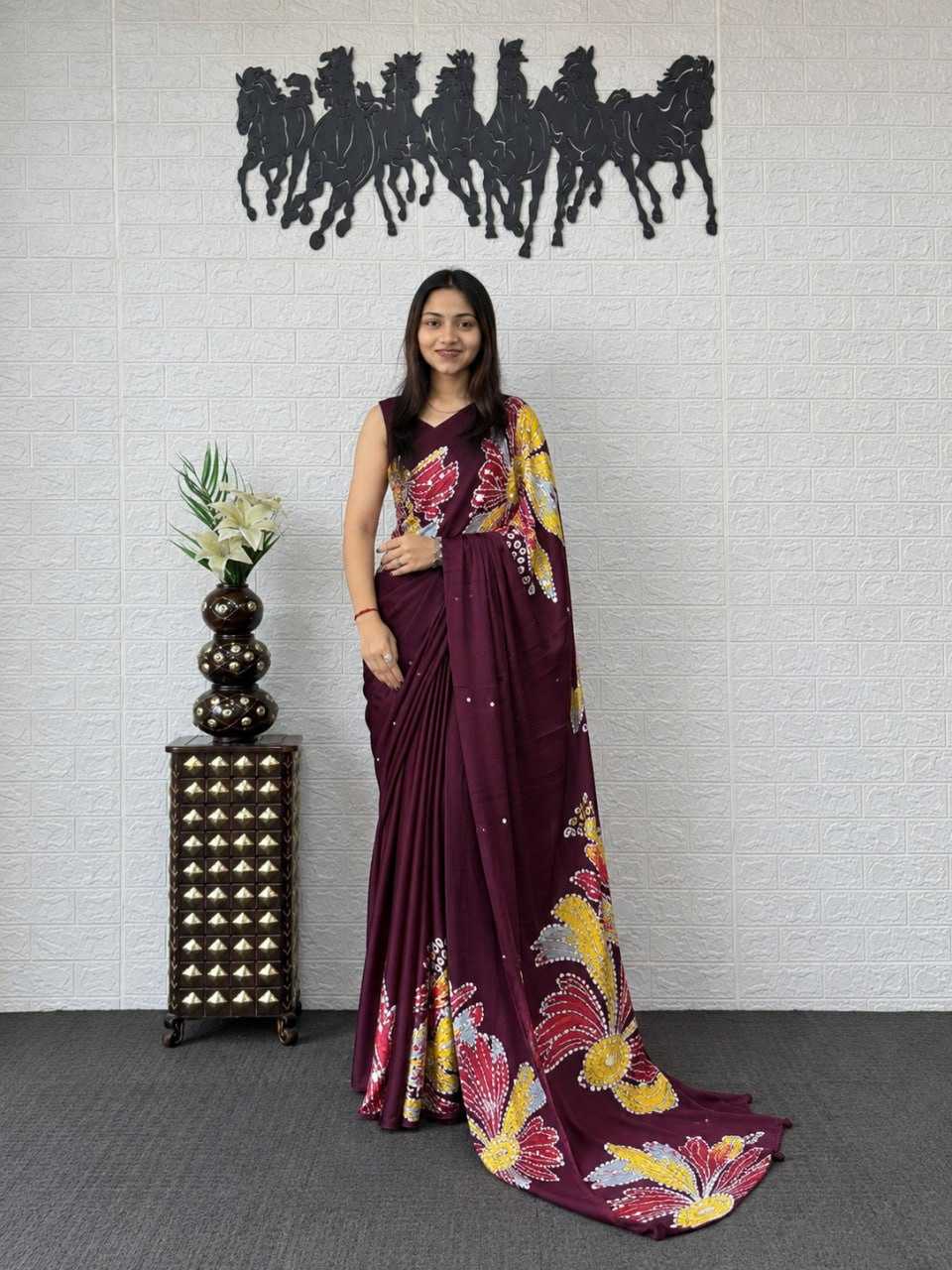 Japan Sartin Printed Saree in Maroon