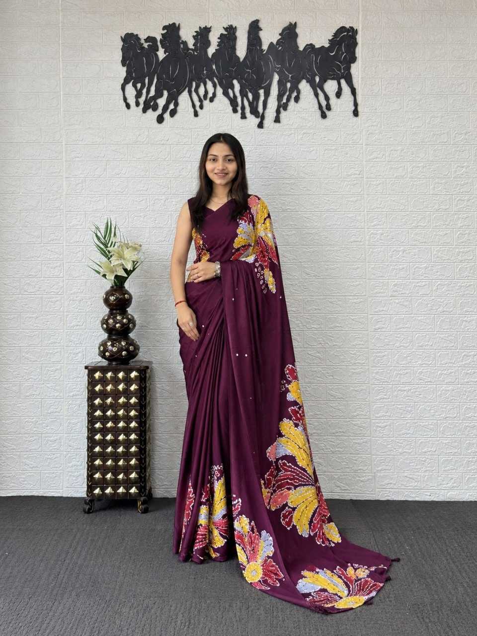 Japan Sartin Printed Saree in Maroon