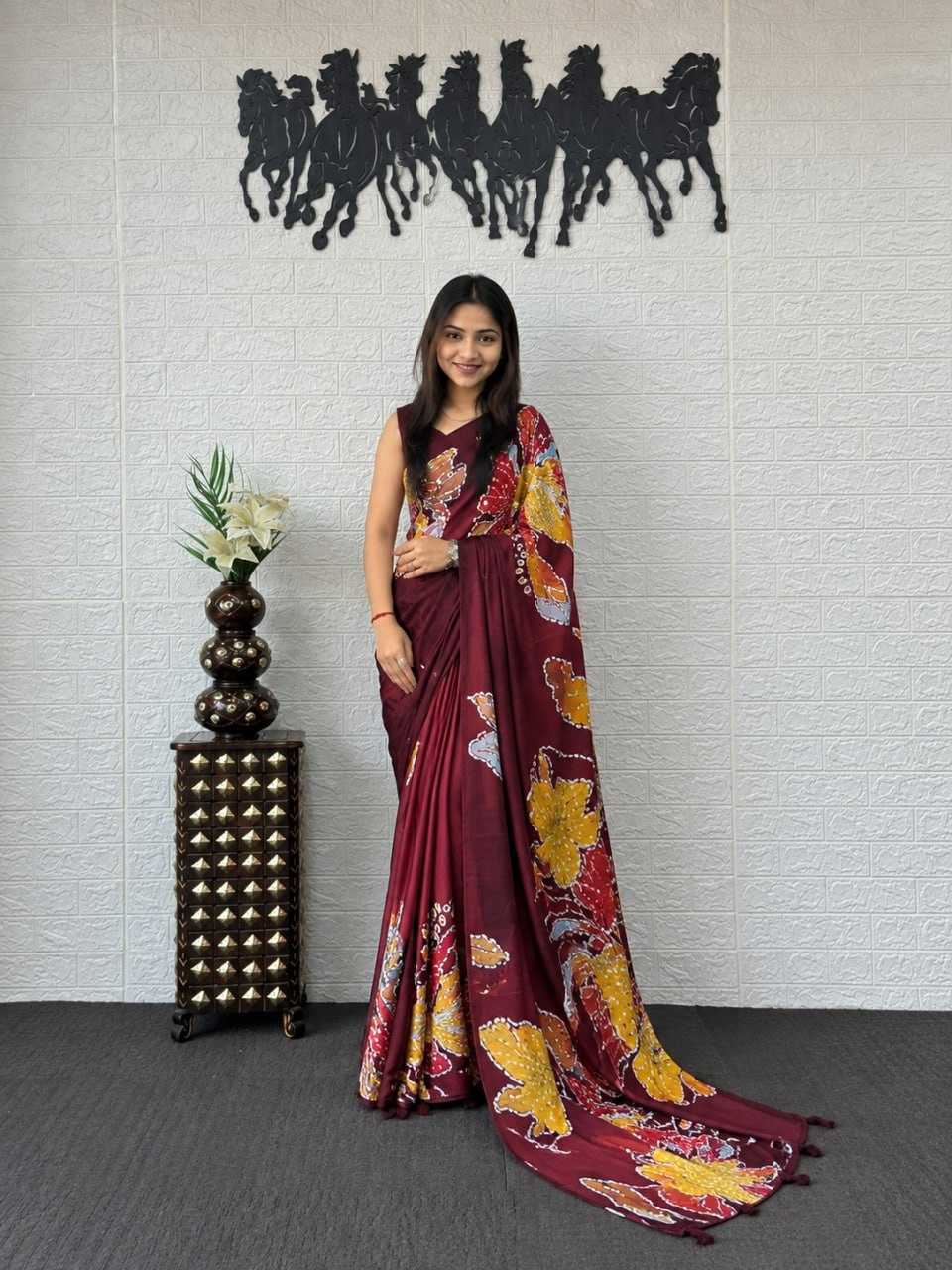 Japan Sartin Printed Saree in Maroon