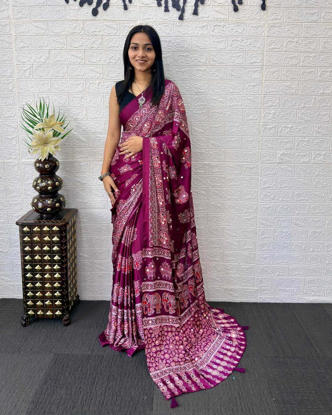 Japan Sartin Mirror Work Saree