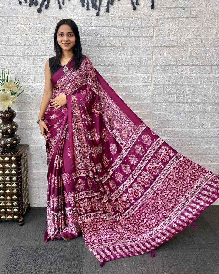 Japan Sartin Mirror Work Saree