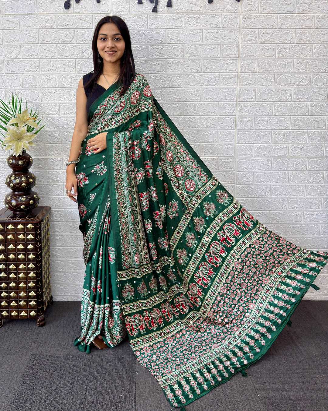 Japan Sartin Mirror Work Saree