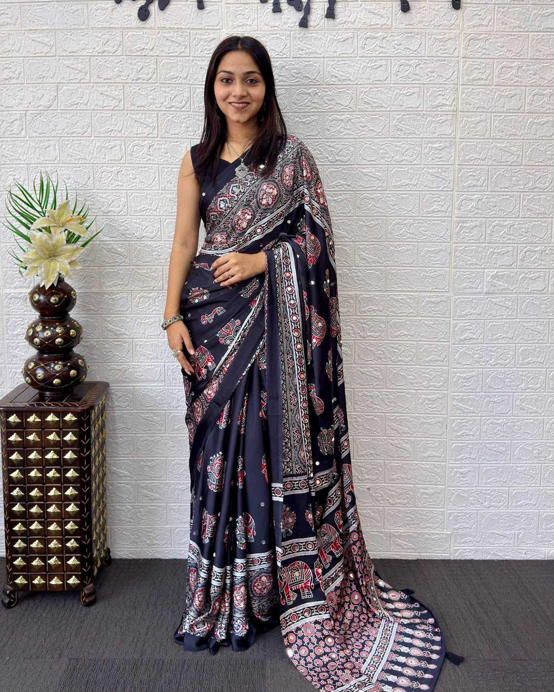 Japan Sartin Mirror Work Saree