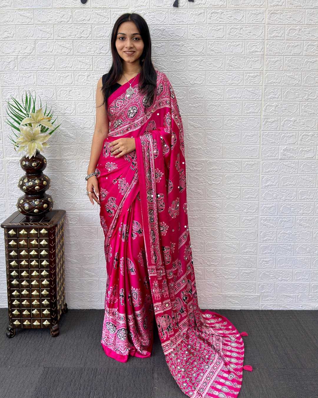 Japan Sartin Mirror Work Saree