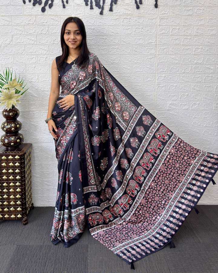 Japan Sartin Mirror Work Saree