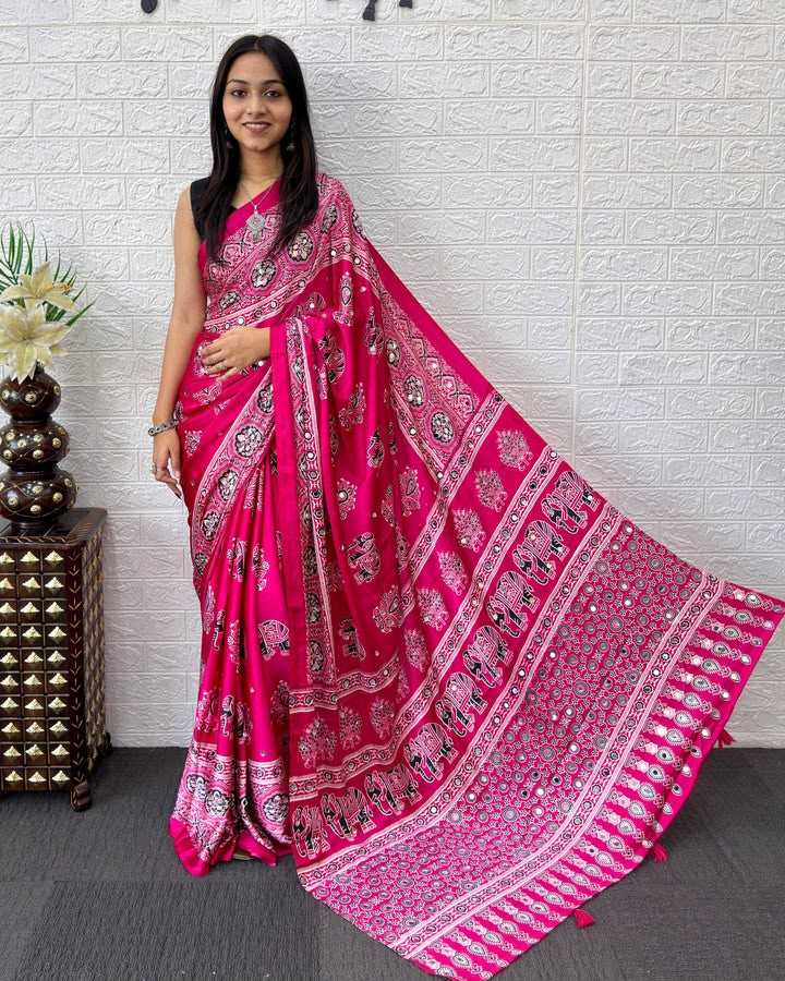 Japan Sartin Mirror Work Saree