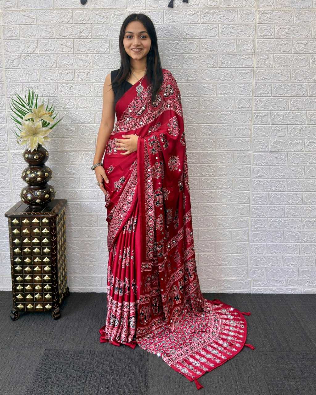 Japan Sartin Printed Saree in Red