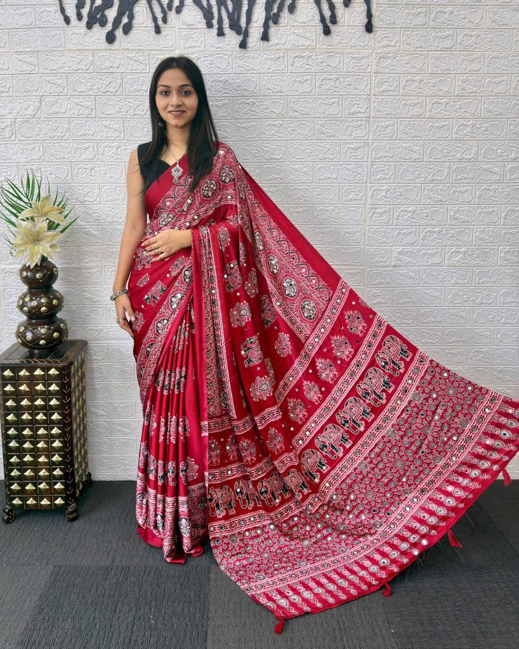 Japan Sartin Printed Saree in Red