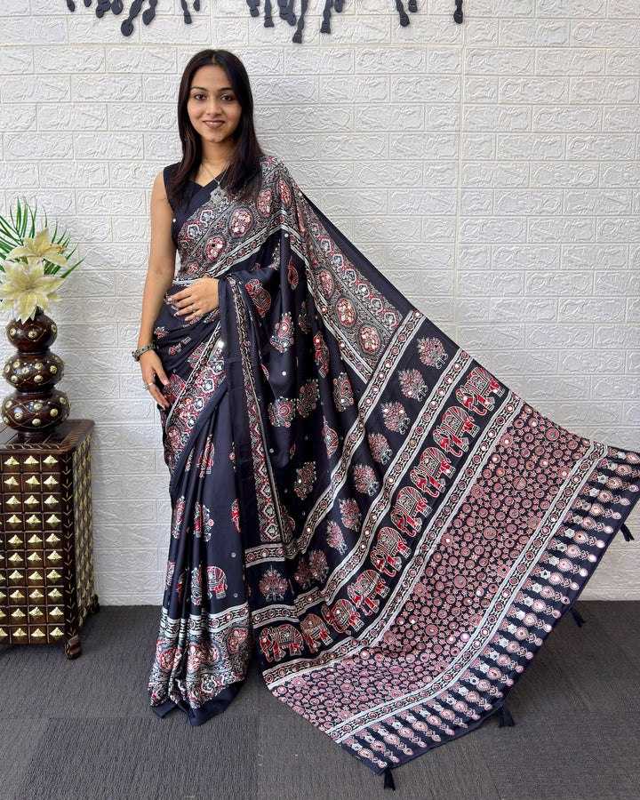 Japan Sartin Printed Saree in Red
