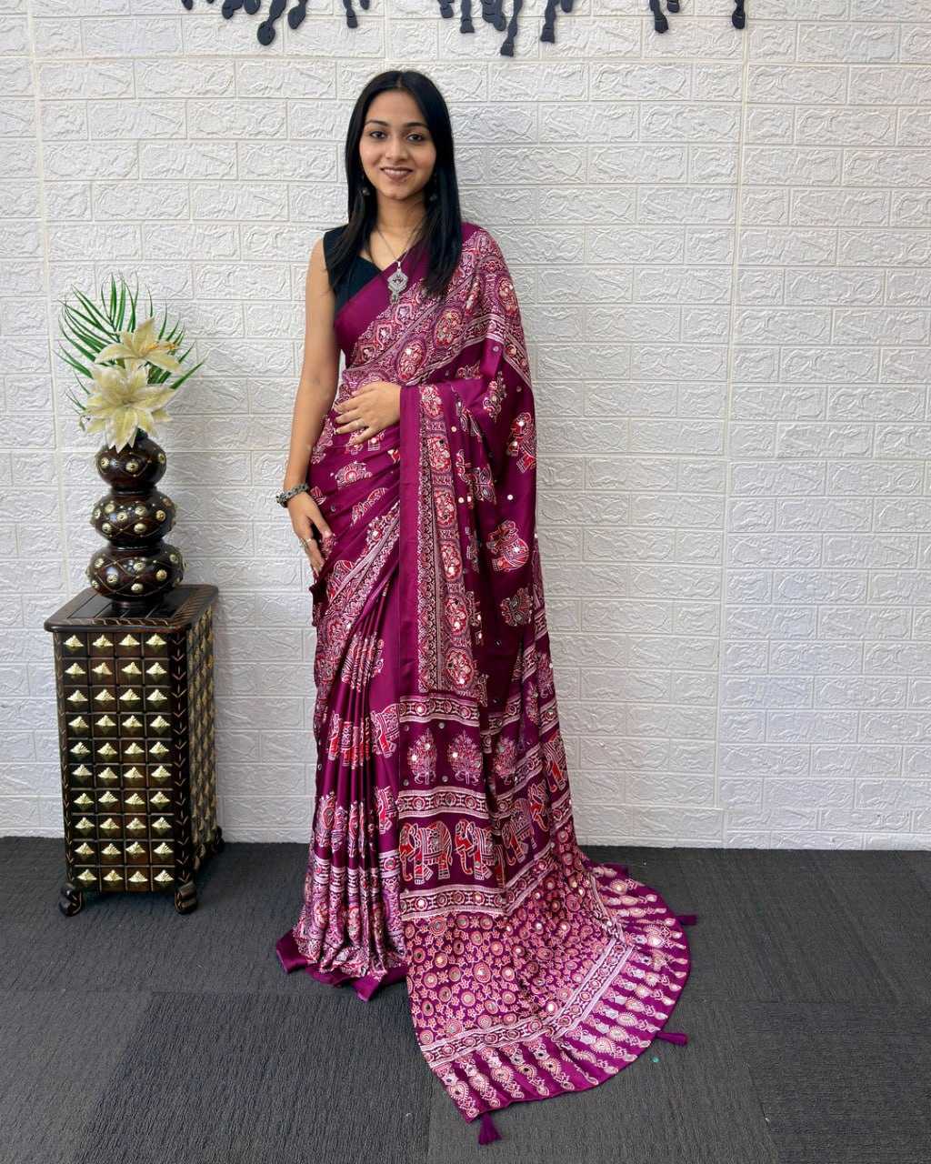 Japan Sartin Printed Saree in Red