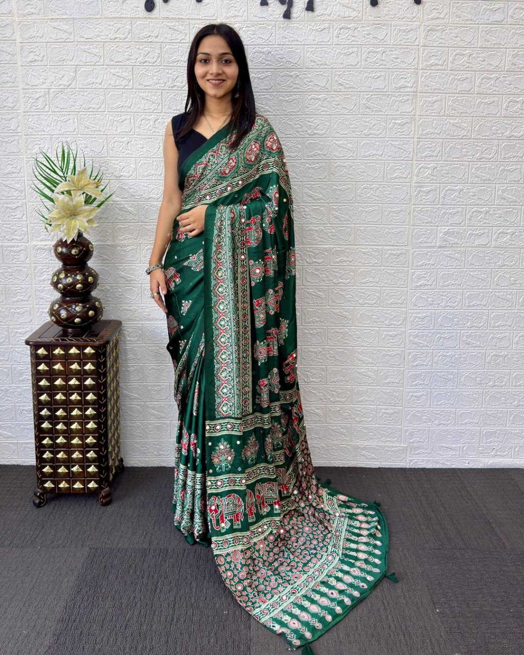 Japan Sartin Printed Saree in Red
