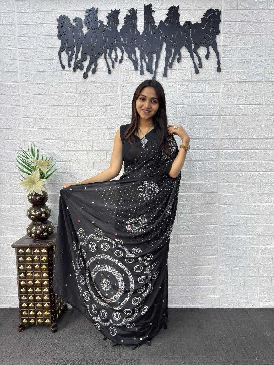 Japan Sartin Printed Saree in Black