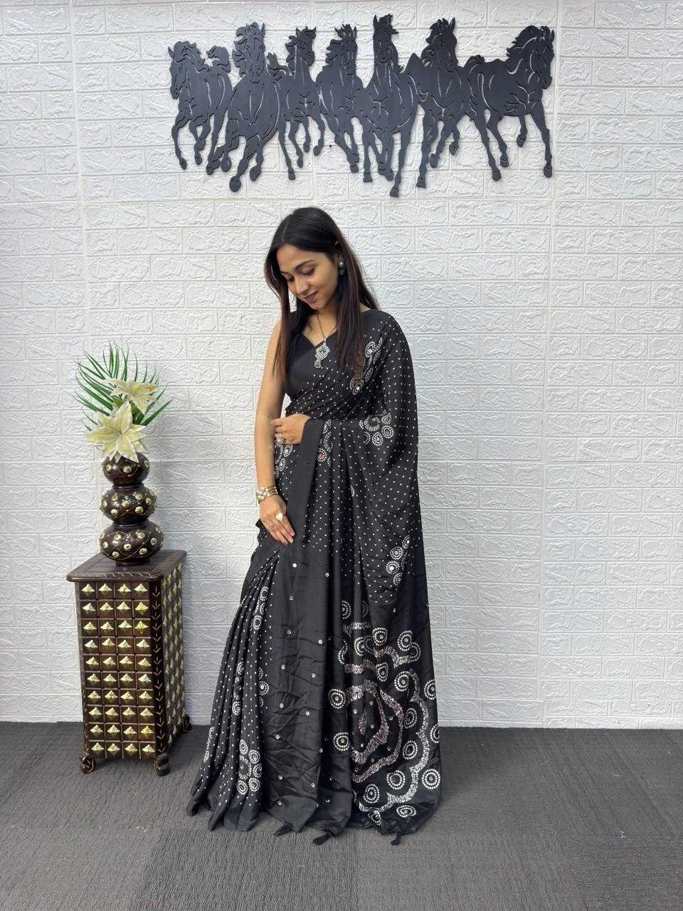 Japan Sartin Printed Saree in Black