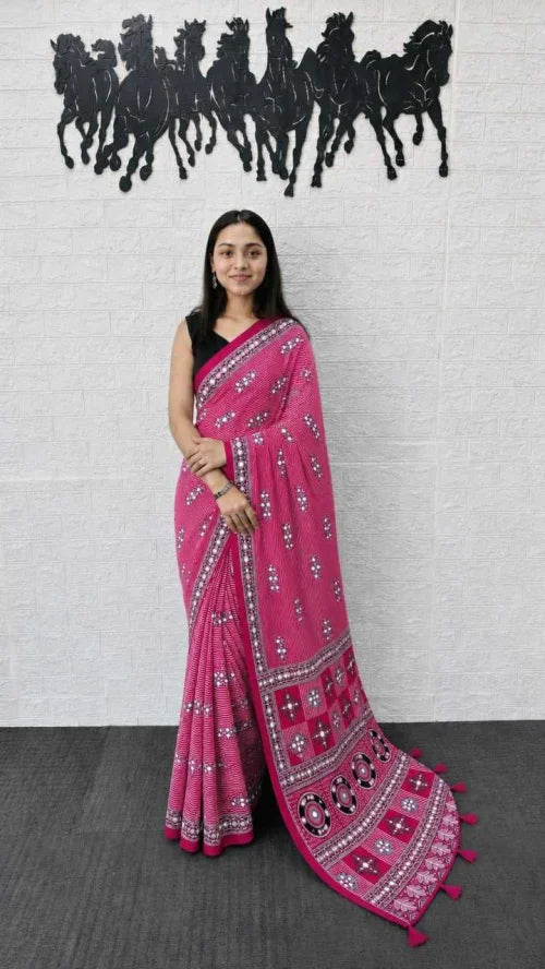 Japan Sartin Printed Saree in Dark Wine