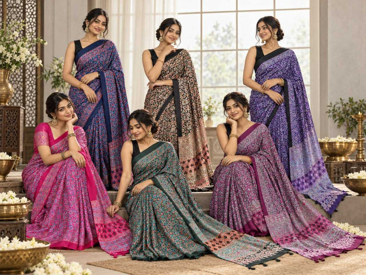 Japan Sartin Printed Saree in Rani