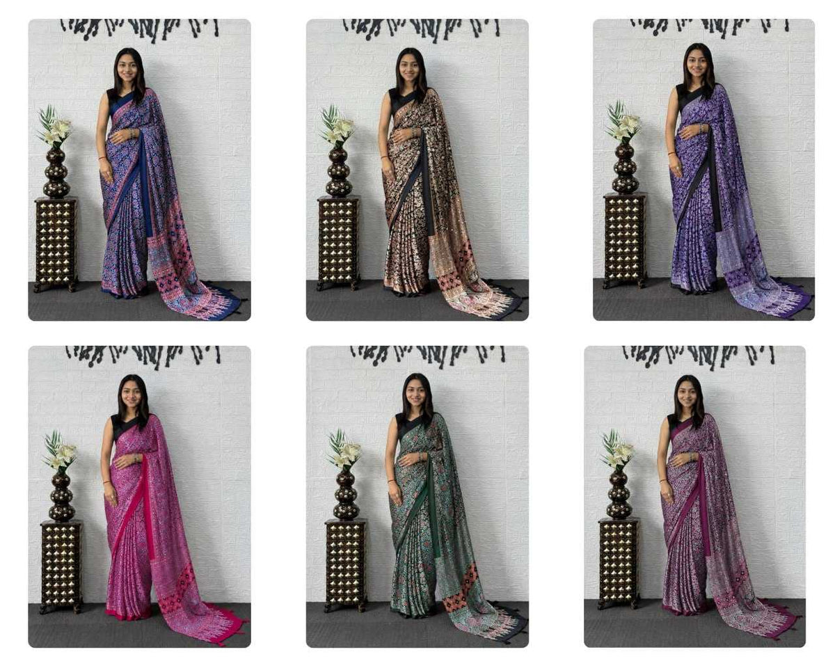 Japan Sartin Printed Saree in Rani