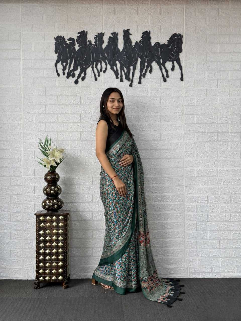 Japan Sartin Printed Saree in Rani